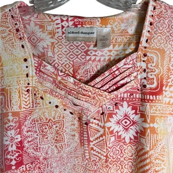 Alfred Dunner Women's Top Beaded Floral Pattern Orange & White Size 1X - Picture 2 of 10